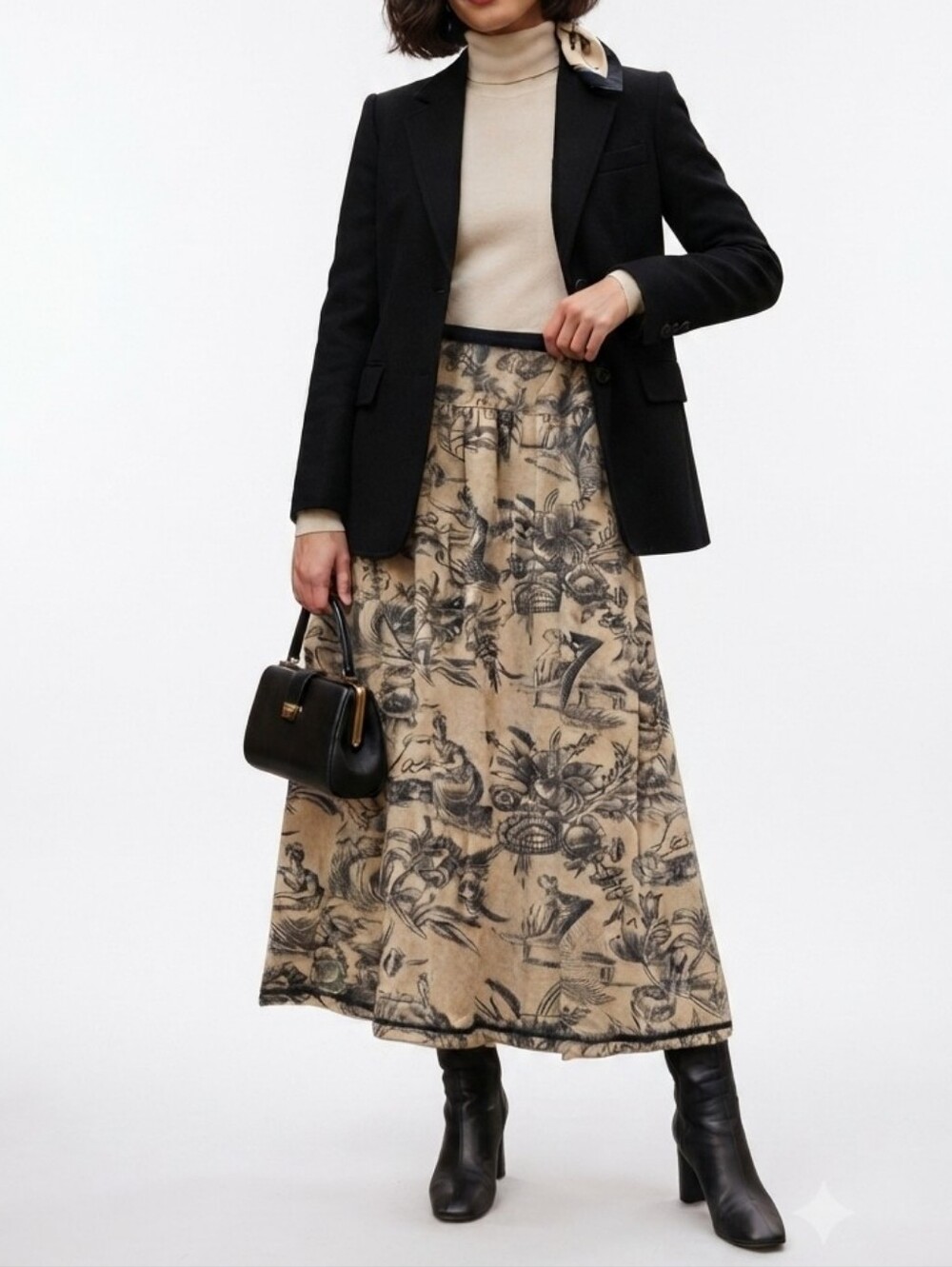 Adrienne Vittadini Vintage 90s Toile Print Maxi Skirt Beige/Black Medium